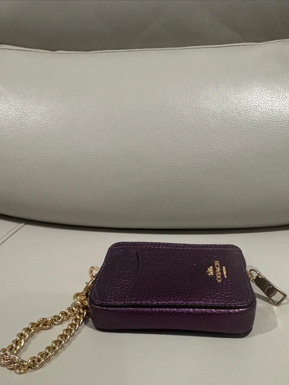 Coach Purple Pebbled Leather Card Case with Gold Chain Accent-HTF color!